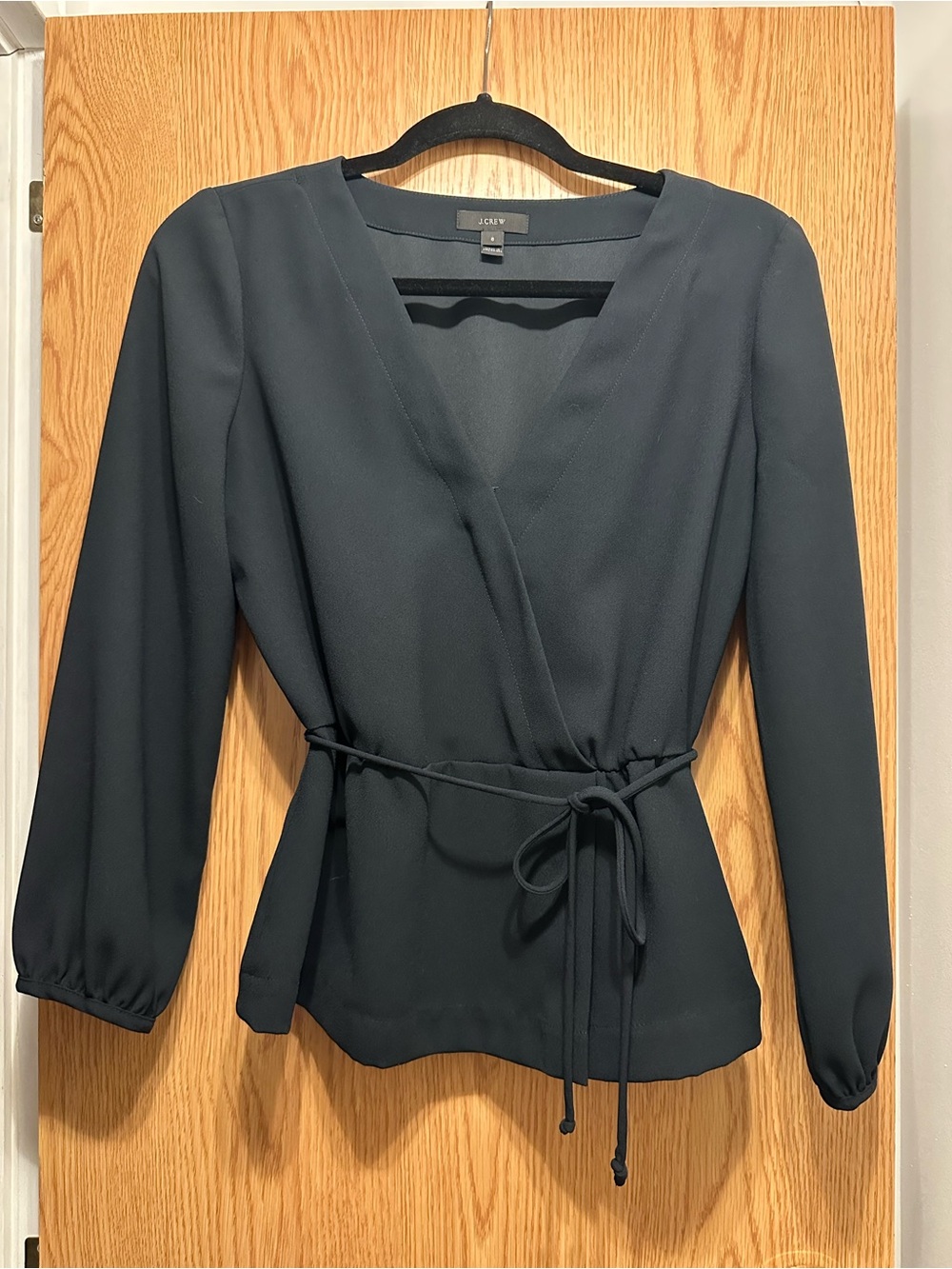 J. Crew Black Faux-Wrap Blouse with Waist Tie